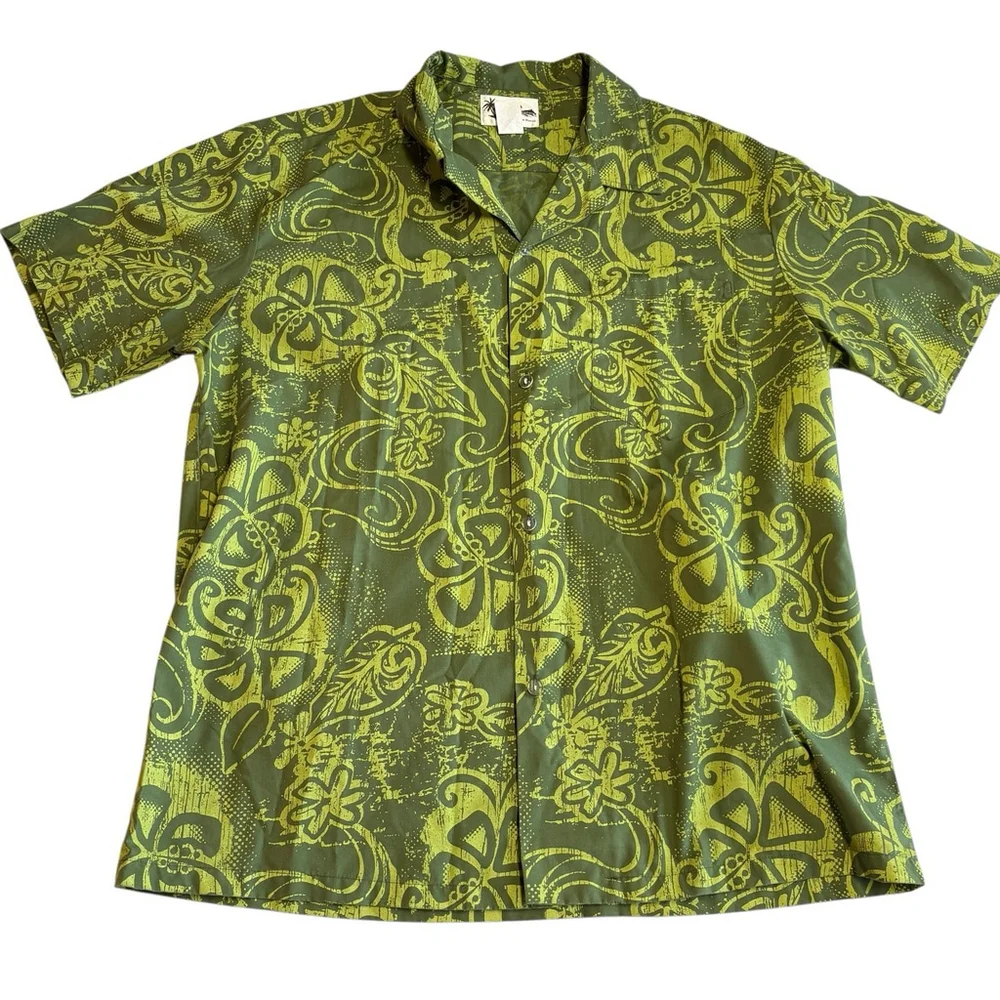 Howie Made in Hawaii Button Front Aloha Shirt XL Green Yellow Floral Tribal